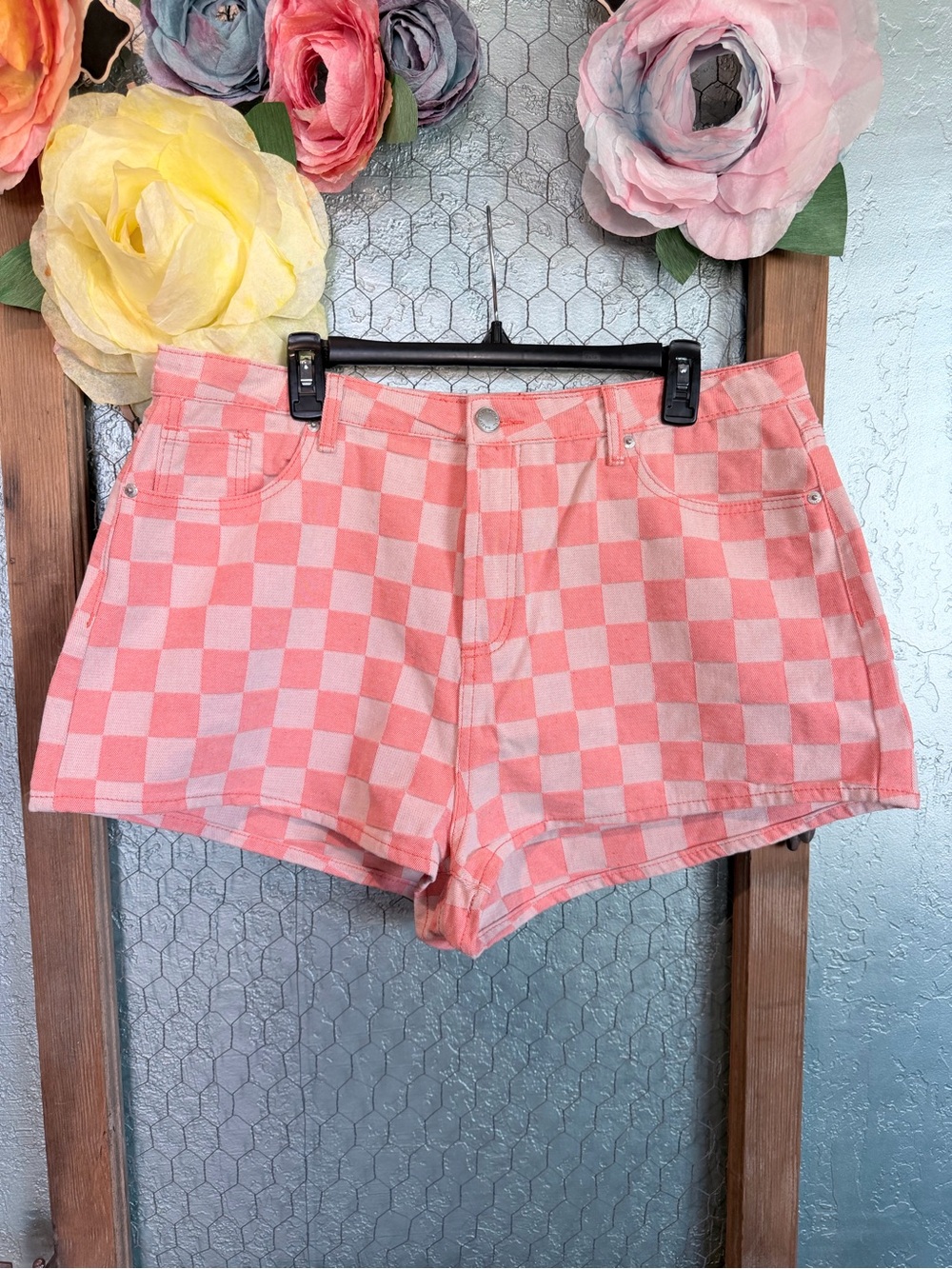 Nasty Gal Pink Checkerboard High-Rise Denim Shorts